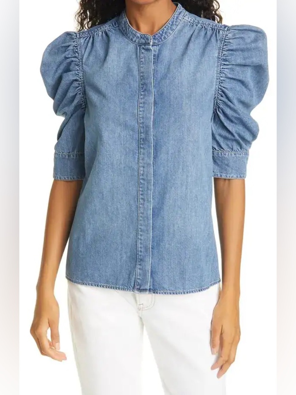 FRAME Gillian Puff Sleeve Denim Shirt Large 100% Cotton Blue Puff Sleeves